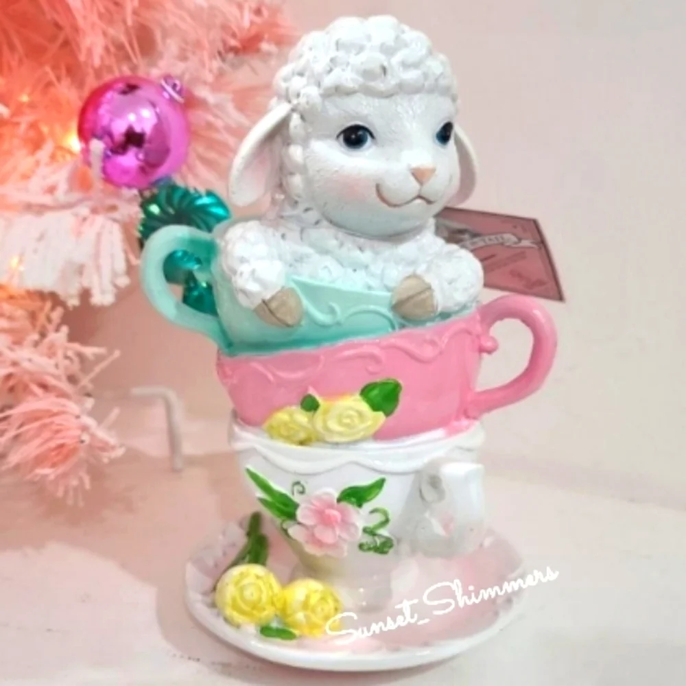 Adorable Easter Lamb In Stacked Floral Teacups & Saucer Spring Tabletop Decor